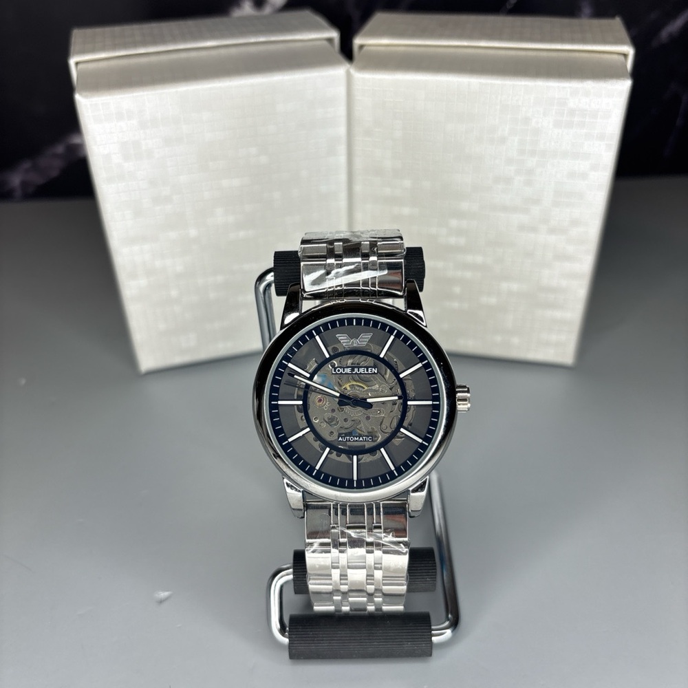 Automatic Silver Watch with Navy Dial by